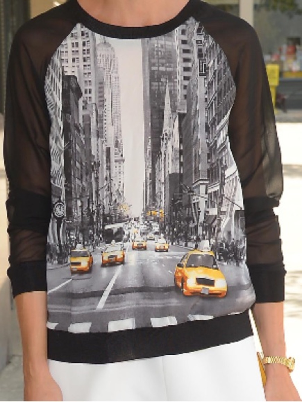 😍Elie Tahari Sweater NYC Black/White Taxi 🚕Cabs Sheer Sleeves Small!